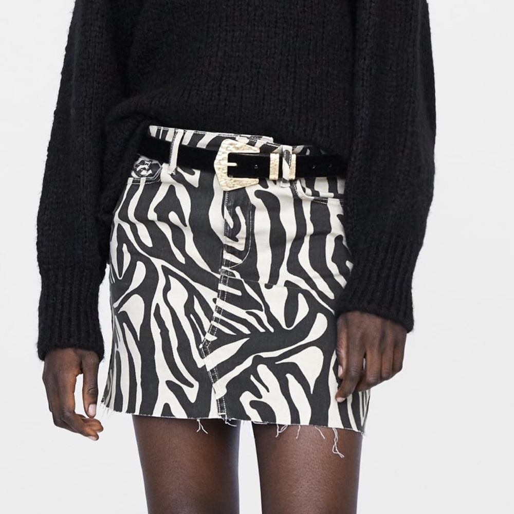 Zara Zebra Print Raw Hem Denim Mini Skirt Small
